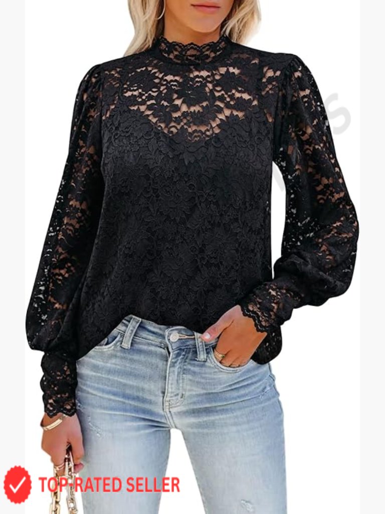 Lace Floral Top With Puff Sleeves Mock Neck Elegant Long Sleeve Blouse